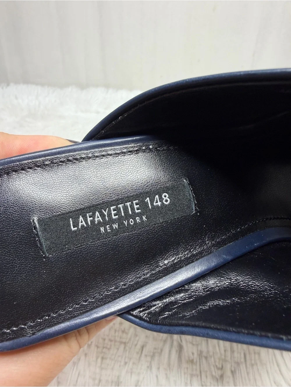 LAFAYETTE 148 / Hayvin navy blue leather slip on wedge mule heels / 8
